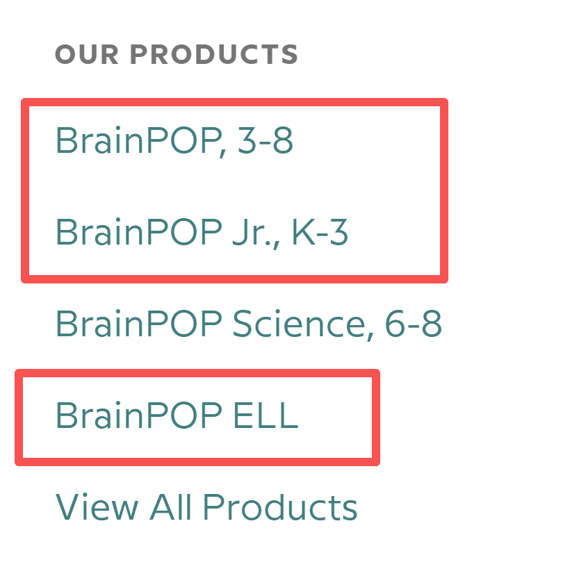BrainPOP 产品分区界面